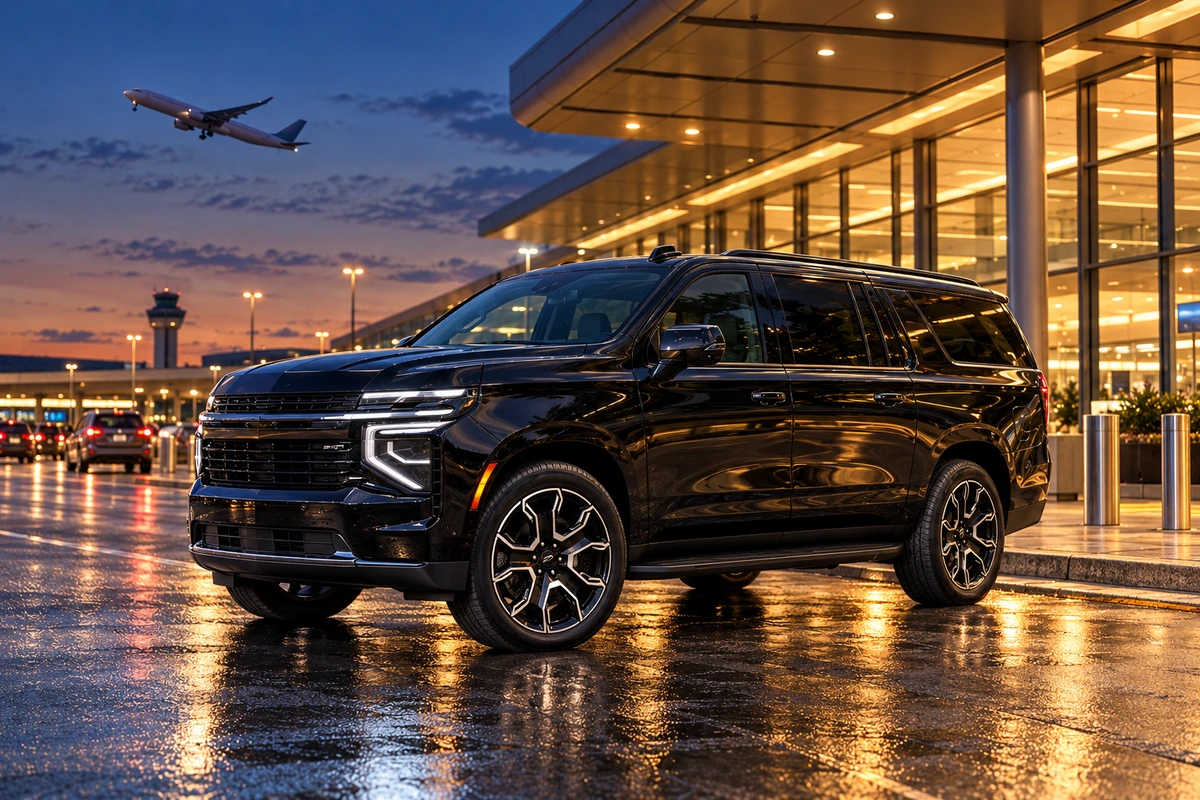 Black SUV at an airport terminal at dusk with a jet taking off