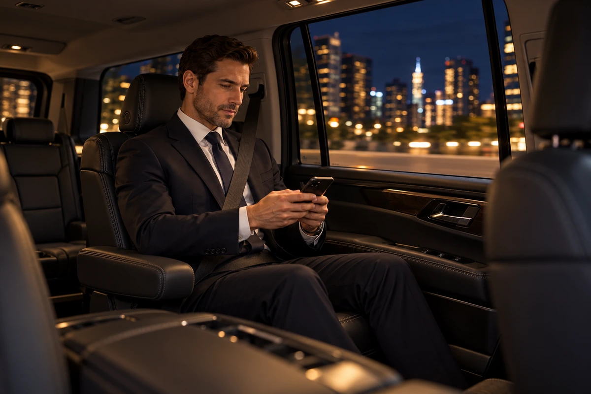 Passenger in a suit using his phone in the back seat