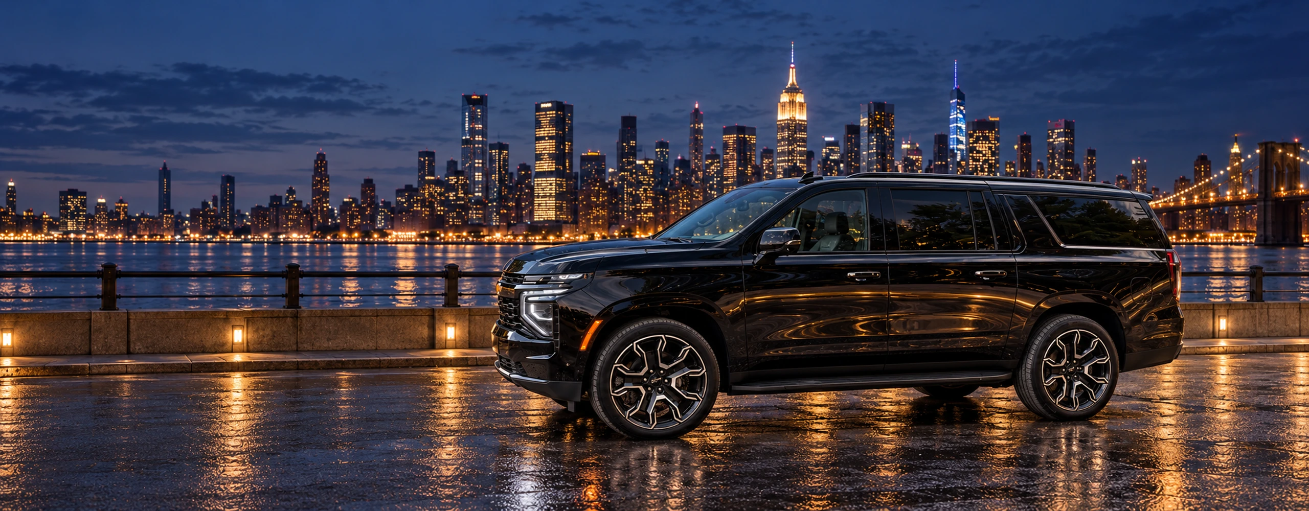 Black luxury SUV on the waterfront with the New York City skyline at night